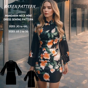 Mandarin neck Mini Dress,China Cheongsam Dress Sewing Pattern,Chinese Vintage Dress,Tea Ceremony,-Ladies Size  US 2-30 and XS - 4XL