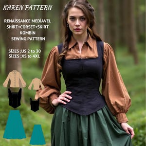 Patrón de conjunto de falda, camisa y corsé medieval renacentista, hada, regencia, vestido de elfo, falda midi, vestido elegante, tamaño A0 A4 Carta de EE. UU. - Tallas 2 a 30 de EE. UU.