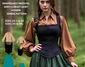 Renaissance Dress Sewing Pattern:Medieval Corset, Skirt & Shirt (US 2-30) (PDF Pattern)