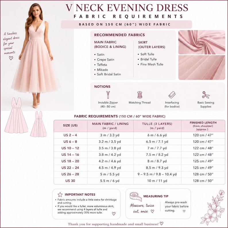 Mouwloze midi-baljurk met V-hals | Blush roze tule avondjurk naaipatroon - formele galajurk bruiloft pdf, xs-4XL (pdf-patroon) afbeelding 14