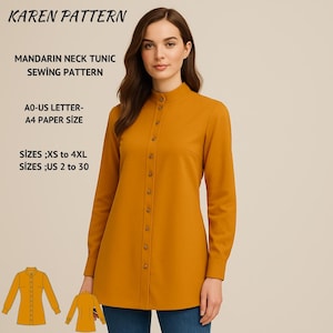 May include: Mustard-colored Mandarin neck tunic sewing pattern. The pattern includes sizes XS to 4XL and US sizes 2 to 30. The pattern is for A0-US Letter and A4 paper sizes. The text "KAREN PATTERN" is at the top.