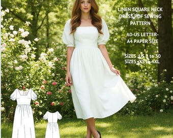 square neck midi dress pattern Square Neck Midi Dress Sewing Pattern PDF: Cottagecore Summer Style (sizes  XS–6XL)