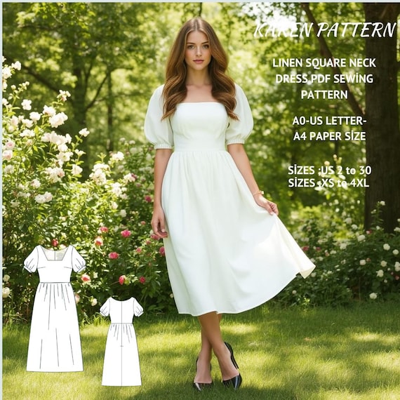 Linen Square Neck Midi Dress Sewing Pattern:cottagecore Style (PDF Pattern) - Etsy Israel Linen Square Neck Midi Dress Sewing Pattern:cottagecore Style (PDF Pattern) - Etsy Israel