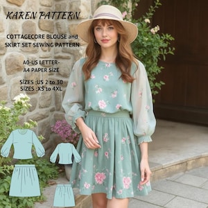 Cottagecore Blouse and Skirt Sewing Pattern:Bishop Sleeve (A0-A4-Letter) (Digital Download)