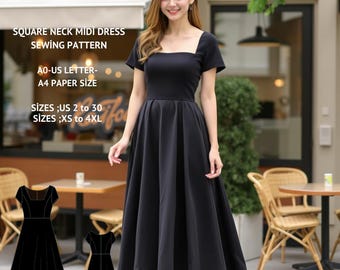 Square Neck Midi Dress Sewing Pattern, Easy Circle Dress (PDF)