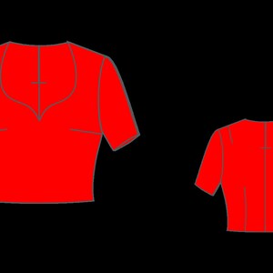 May include: A red sleeveless blouse with a deep V-neckline and short sleeves. The blouse is shown from the front and back.