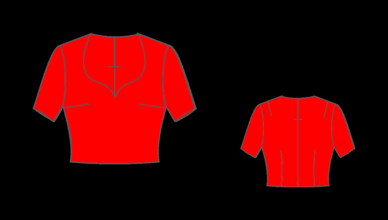 May include: A red sleeveless blouse with a deep V-neckline and short sleeves. The blouse is shown from the front and back.