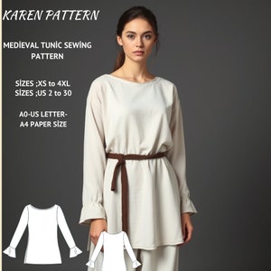 May include: A sewing pattern for a medieval tunic, with a woman wearing a white tunic and brown belt. The pattern is available in sizes XS to 4XL and US sizes 2 to 30. The pattern is printed on A4 paper.