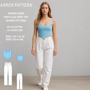 Square Neck Crop Top and Linen Pants Sewing Pattern,Digital PDF | US 2-30 (A4 A0 Letter)Women&#39;s Cottagecore Set