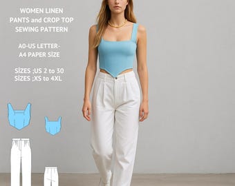 Linen Crop Top and Pants Sewing Pattern, Cottagecore Set (Digital PDF)