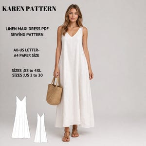 Puede incluir: Una mujer con un vestido largo de lino blanco con cuello en V y sin mangas. Lleva un bolso tote tejido y sandalias. La imagen incluye texto: KAREN PATTERN, LINEN MAXI DRESS PDF SEWING PATTERN, A0-US LETTER-A4 PAPER SIZE, SIZES ;XS to 4XL, SIZES ;US 2 to 30.