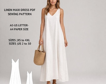 Linen Maxi Dress Sewing Pattern, Minimalist Summer Boho (PDF Download)