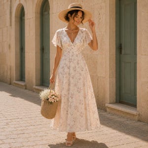 May include: A floor-length cream-colored dress with a delicate floral pattern, featuring a V-neckline, flutter sleeves, and a fitted waist. The dress is paired with a wide-brimmed straw hat and a woven straw tote bag filled with white flowers.
