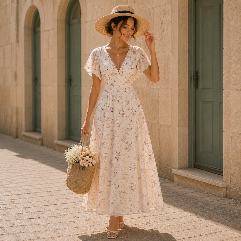 May include: A floor-length cream-colored dress with a delicate floral pattern, featuring a V-neckline, flutter sleeves, and a fitted waist. The dress is paired with a wide-brimmed straw hat and a woven straw tote bag filled with white flowers.