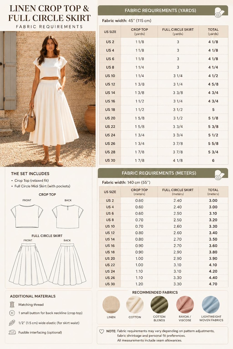 Mönster för linne-crop top och cirkelkjol | Sommaroutfit PDF (digital nedladdning) bild 13