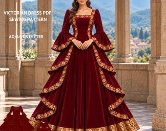 May include: A deep red floor-length dress with long bell sleeves and gold floral trim. Text reads: KAREN PATTERN, VICTORIAN DRESS PDF SEWING PATTERN, A0/A4/US LETTER, XS/4XL, US 2/30. Includes a small red line drawing of the dress design.
