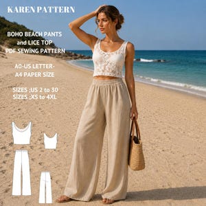 Può includere: Una donna indossa un top corto in pizzo bianco e pantaloni di lino beige su una spiaggia. L'immagine include un modello di cucito PDF per pantaloni da spiaggia boho e un top in pizzo. Taglie US 2 a 30 e XS a 4XL.