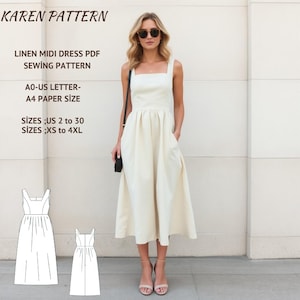 Gerafftes Leinenkleid Schnittmuster, Leinenkleid mit Viereckigem Ausschnitt Schnittmuster,Ärmelloses Kleid,Midi Kleid Schnittmuster A4 A0 US 2-30 und XS - 4XL