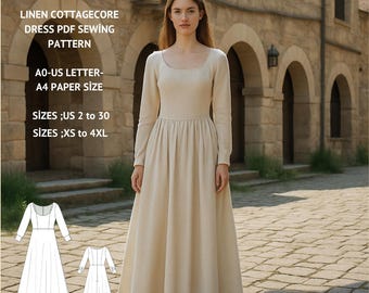 Linen Cottagecore Maxi Dress Sewing Pattern: Empire Waist (Digital Download, XS-4XL)