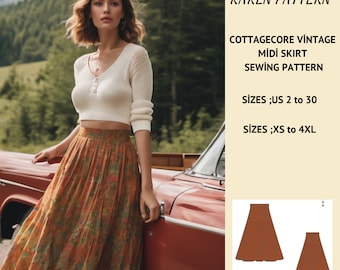 Cottagecore Midi Skirt Sewing Pattern:Vintage Full Circle (US 2-30) (Digital Download)
