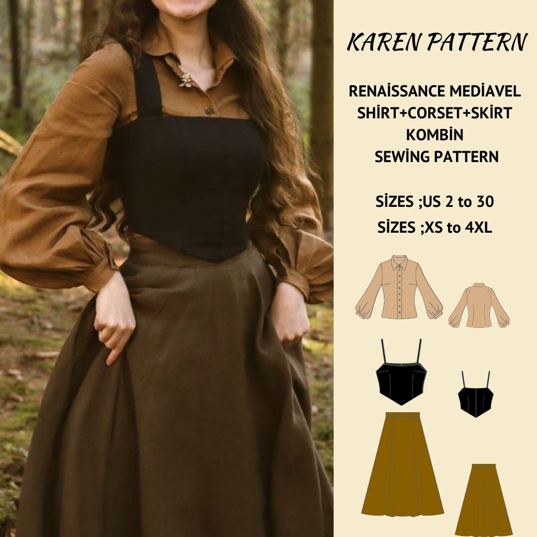 Renaissance Medieval Skirt, Shirt and Corset Set Pattern, Fairy, Regency, Elf Dress, Midi Skirt