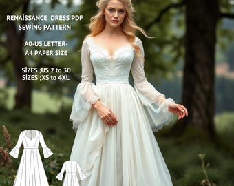 Renaissance Dress Sewing Pattern:Medieval Cosplay, Fairy, Elf (A0 A4 US Letter) (Digital Download)