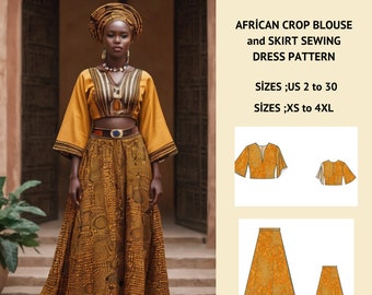 Patron de couture de robe africaine, robe bohème, robe traditionnelle, chemisier court et jupe africaine, robe de tribu, chemisier à col en V, jupe maxi cercle, XS-4XL