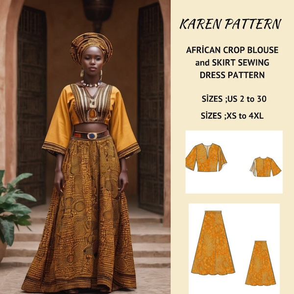 Patron de couture de robe africaine, robe bohème, robe traditionnelle, chemisier court et jupe africaine, robe de tribu, chemisier à col en V, jupe maxi cercle, XS-4XL