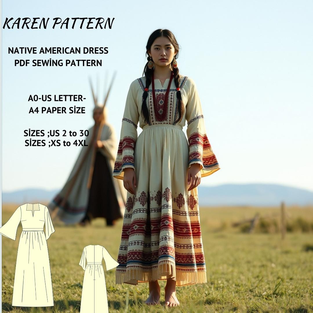 Native American Maxi Dress Sewing Pattern:bell Sleeve Boho Style (PDF) - Etsy Native American Maxi Dress Sewing Pattern:bell Sleeve Boho Style (PDF) - Etsy
