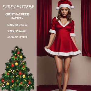 Women&#39;s Christmas Dress Sewing Pattern, Mini Dress PDF Sewing Pattern, Christmas Dress,US 2 to 30and XS to 4XL,Suitable A0-A4