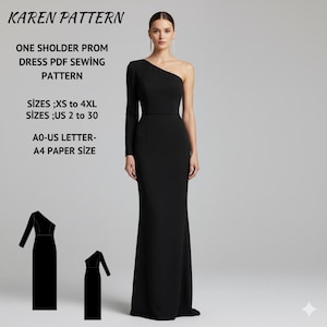 Könnte beinhalten: Eine Frau in einem schwarzen One-Shoulder-Ballkleid. Das Kleid hat ein figurbetontes Oberteil und einen langen, fließenden Rock. Das Bild enthält auch den Text "KAREN PATTERN" und Details zu den Größen des Kleidermusters.