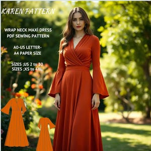 Wrap Neck Maxi Dress PDF Sewing Pattern,Long Sleeve Bohemian Dress sewing pattern,Vintage Dress,Ladies size US 2 to 30//XS to 4xl