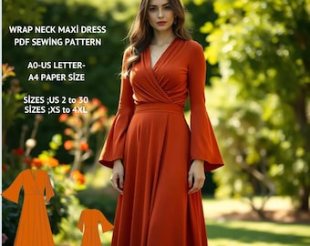 Schnittmuster Maxikleid Wickelkragen Maxikleid Langarm Boho-Stil (PDF-Muster)