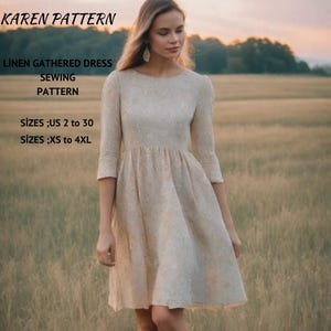Linen Gathered Midi Dress Sewing Pattern:Cottagecore Style (USLetter XS-4XL)