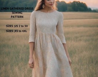 Leinen Raffung Midi Kleid Schnittmuster: Cottagecore Style (USLetter XS-4XL)