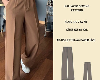Palazzo Pleated High Waist Sewing Pattern, Trousers Sewing Pattern,US sizes 2 - 30 pattern,sewing pattern with tutorial