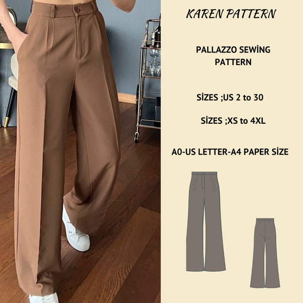 Palazzo Pleated High Waist Sewing Pattern, Trousers Sewing Pattern,US sizes 2 - 30 pattern,sewing pattern with tutorial