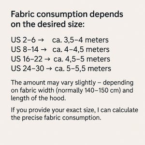 May include: Text on a cream background details fabric consumption based on US sizes, ranging from 3.5 to 5.5 meters. It mentions fabric width and hood length affecting the amount needed. Providing exact size allows for precise calculation.