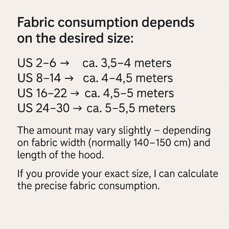 May include: Text on a cream background details fabric consumption based on US sizes, ranging from 3.5 to 5.5 meters. It mentions fabric width and hood length affecting the amount needed. Providing exact size allows for precise calculation.