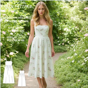 Patrón de vestido de primavera estilo cottagecore, vestido floral de tirantes, vestido midi, tallas A0-A4-Carta; EE. UU. 2 a 30 (Nuestra colección incluye opciones de tallas grandes).