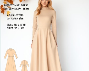 Modest Maxi Dress Sewing Pattern:Evening Gown (US 2-30, XS-4XL) (PDF Pattern)