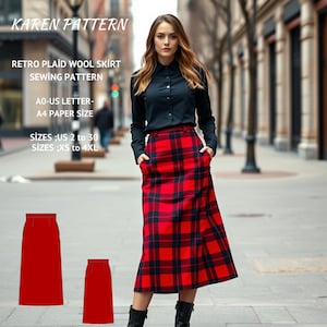 Plaid Wool Skirt Sewing Pattern, Cottagecore Skirt, Vintage Plaid Skirt Pattern, Retro College Skirt, Elastic Waist Skirt, XS-4XL, A4 A0