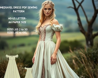 Renaissance Dress Sewing Pattern:Medieval Fairy Regency Elf (A0 A4 US Letter) (PDF Pattern)