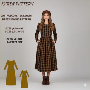 May include: A woman in a brown and black checked dress with long sleeves, a brown belt, and a brown hat. The dress has pockets and falls to the knees. The image includes text: "KAREN PATTERN" and "COTTAGECORE TEA LENGHT DRESS SEWING PATTERN".
