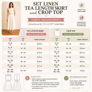 May include: A cream-colored linen tea-length skirt and crop top set. The image includes fabric requirements for the skirt and top, with size charts in US and EU sizes. The fabric amount needed is listed in meters. The image also includes recommended fabrics.