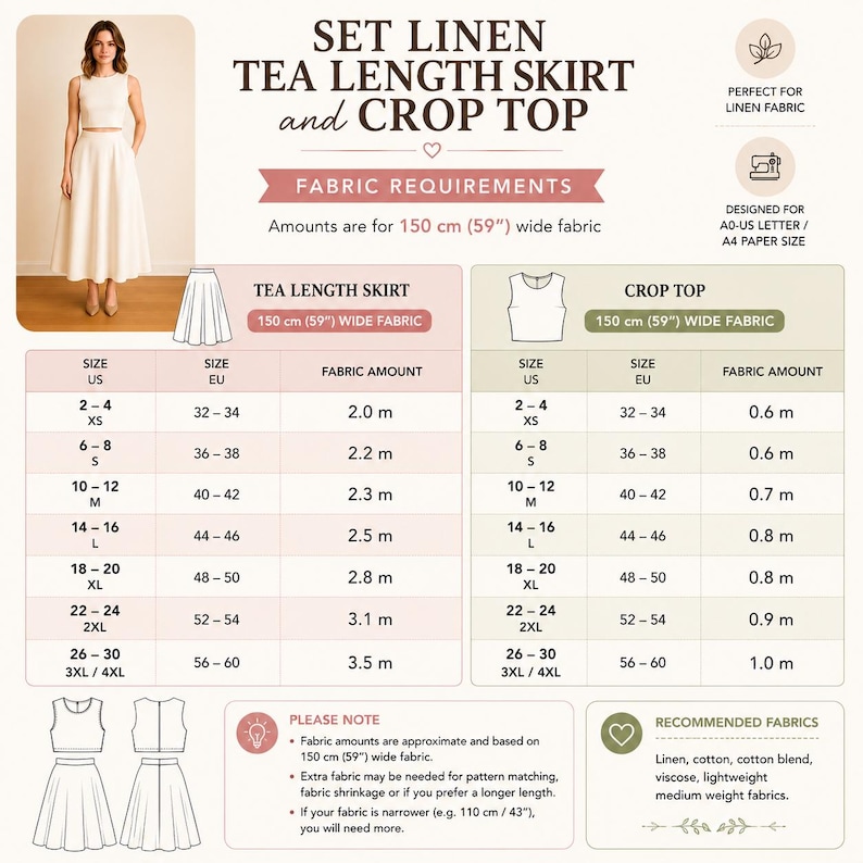 May include: A cream-colored linen tea-length skirt and crop top set. The image includes fabric requirements for the skirt and top, with size charts in US and EU sizes. The fabric amount needed is listed in meters. The image also includes recommended fabrics.