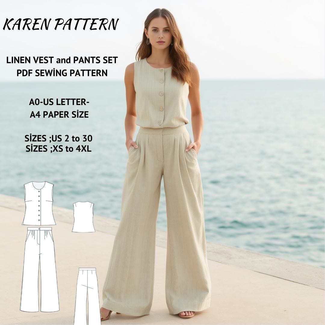 Linen Vest And Wide Leg Pants Set With Soft Pleats