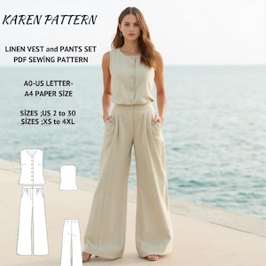 Linen Wide-Leg Pants and Vest Sewing Pattern: Women&#39;s Minimalist Outfit (PDF Pattern)