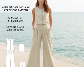 Linen Wide-Leg Pants and Vest Sewing Pattern: Women's Minimalist Outfit (PDF Pattern)