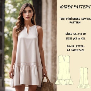 May include: A sewing pattern for a sleeveless mini dress with a V-neck and a ruffle hem. The pattern is available in sizes US 2 to 30 and XS to 4XL. The pattern is printed on A4 paper and is also available in US Letter size.